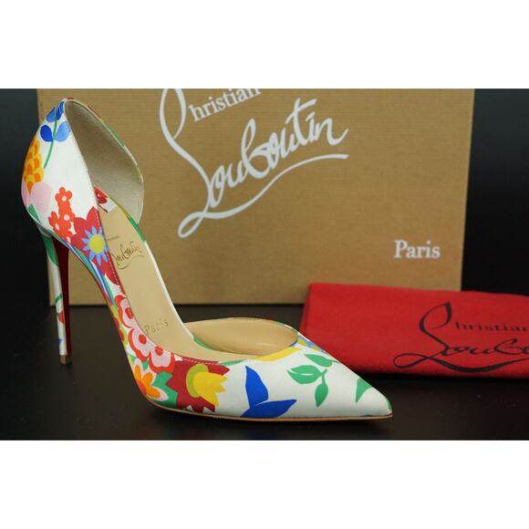 Christian Louboutin Iriza 100mm Crepe Satin Bloomy Pointy d'orsay Pumps SZ 38 - Picture 1 of 12